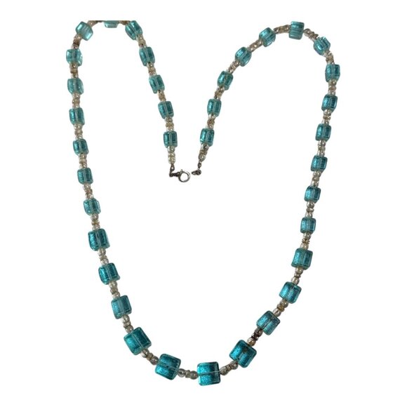 Vintage Aqua Blue & Clear Glass Beaded Graduated Necklace 28" Square Beads Teal - Picture 6 of 7